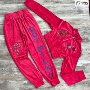 & Other Stories Pink Or Red Velour Tracksuit with Graphic Print